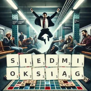 Kreatywna ilustracja do gry w Scrabble ze słowem SIEDMIOKSIĄG ułożonym z płytek na planszy.