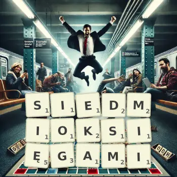 Kreatywna ilustracja do gry w Scrabble ze słowem SIEDMIOKSIĘGAMI ułożonym z płytek na planszy.