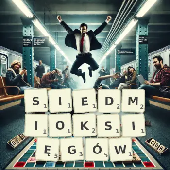 Kreatywna ilustracja do gry w Scrabble ze słowem SIEDMIOKSIĘGÓW ułożonym z płytek na planszy.