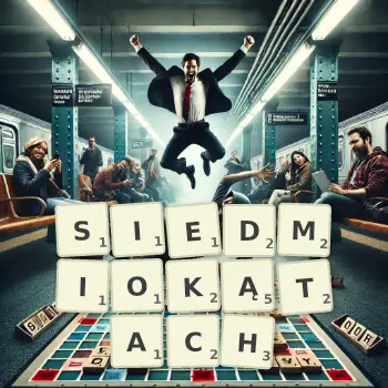 Kreatywna ilustracja do gry w Scrabble ze słowem SIEDMIOKĄTACH ułożonym z płytek na planszy.