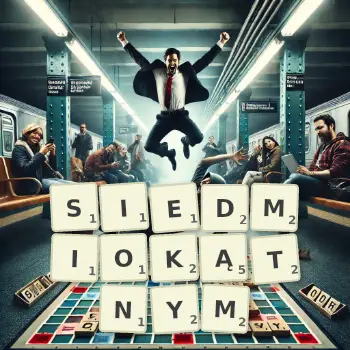 Kreatywna ilustracja do gry w Scrabble ze słowem SIEDMIOKĄTNYM ułożonym z płytek na planszy.