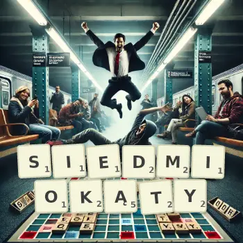 Kreatywna ilustracja do gry w Scrabble ze słowem SIEDMIOKĄTY ułożonym z płytek na planszy.