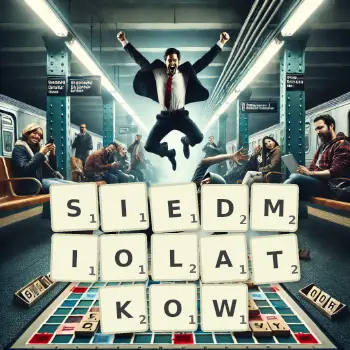 Kreatywna ilustracja do gry w Scrabble ze słowem SIEDMIOLATKOW ułożonym z płytek na planszy.