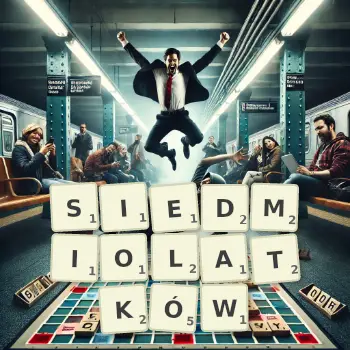 Kreatywna ilustracja do gry w Scrabble ze słowem SIEDMIOLATKÓW ułożonym z płytek na planszy.