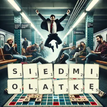 Kreatywna ilustracja do gry w Scrabble ze słowem SIEDMIOLATKĘ ułożonym z płytek na planszy.