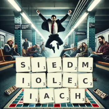 Kreatywna ilustracja do gry w Scrabble ze słowem SIEDMIOLECIACH ułożonym z płytek na planszy.