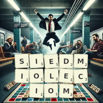 Kreatywna ilustracja do gry w Scrabble ze słowem SIEDMIOLECIOM ułożonym z płytek na planszy.