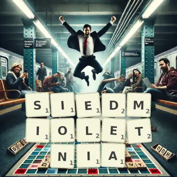 Kreatywna ilustracja do gry w Scrabble ze słowem SIEDMIOLETNIA ułożonym z płytek na planszy.