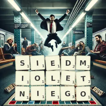 Kreatywna ilustracja do gry w Scrabble ze słowem SIEDMIOLETNIEGO ułożonym z płytek na planszy.