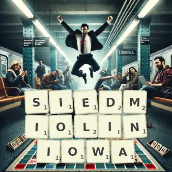 Kreatywna ilustracja do gry w Scrabble ze słowem SIEDMIOLINIOWA ułożonym z płytek na planszy.