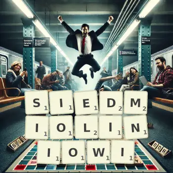 Kreatywna ilustracja do gry w Scrabble ze słowem SIEDMIOLINIOWI ułożonym z płytek na planszy.