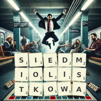 Kreatywna ilustracja do gry w Scrabble ze słowem SIEDMIOLISTKOWA ułożonym z płytek na planszy.