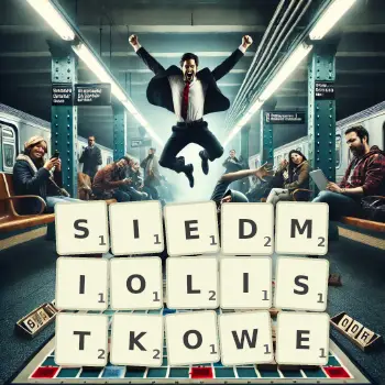 Kreatywna ilustracja do gry w Scrabble ze słowem SIEDMIOLISTKOWE ułożonym z płytek na planszy.