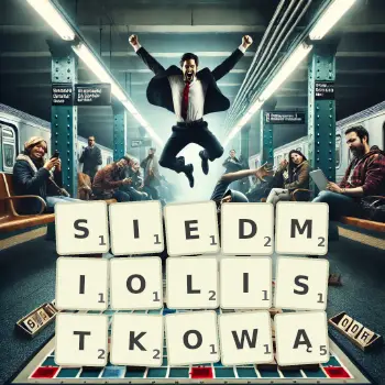 Kreatywna ilustracja do gry w Scrabble ze słowem SIEDMIOLISTKOWĄ ułożonym z płytek na planszy.
