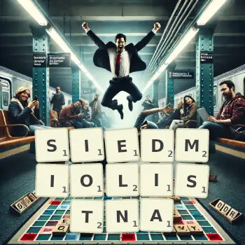 Kreatywna ilustracja do gry w Scrabble ze słowem SIEDMIOLISTNA ułożonym z płytek na planszy.