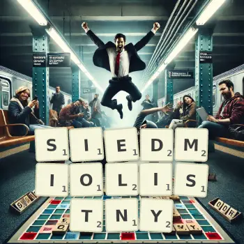 Kreatywna ilustracja do gry w Scrabble ze słowem SIEDMIOLISTNY ułożonym z płytek na planszy.