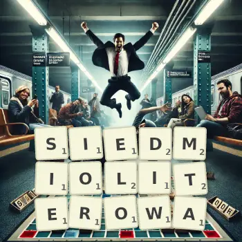 Kreatywna ilustracja do gry w Scrabble ze słowem SIEDMIOLITEROWA ułożonym z płytek na planszy.