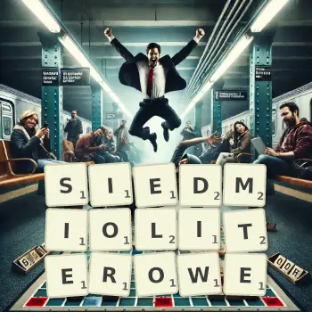 Kreatywna ilustracja do gry w Scrabble ze słowem SIEDMIOLITEROWE ułożonym z płytek na planszy.