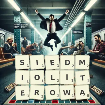 Kreatywna ilustracja do gry w Scrabble ze słowem SIEDMIOLITEROWĄ ułożonym z płytek na planszy.