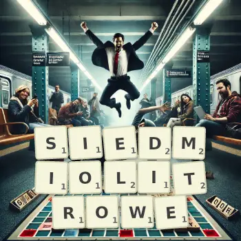 Kreatywna ilustracja do gry w Scrabble ze słowem SIEDMIOLITROWE ułożonym z płytek na planszy.