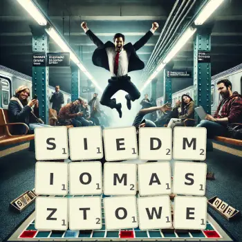 Kreatywna ilustracja do gry w Scrabble ze słowem SIEDMIOMASZTOWE ułożonym z płytek na planszy.