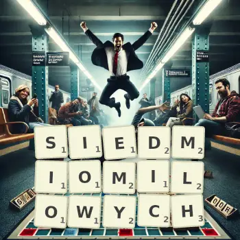 Kreatywna ilustracja do gry w Scrabble ze słowem SIEDMIOMILOWYCH ułożonym z płytek na planszy.