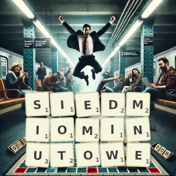 Kreatywna ilustracja do gry w Scrabble ze słowem SIEDMIOMINUTOWE ułożonym z płytek na planszy.