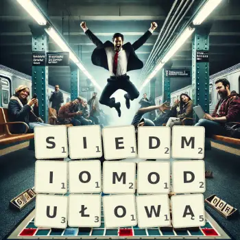 Kreatywna ilustracja do gry w Scrabble ze słowem SIEDMIOMODUŁOWĄ ułożonym z płytek na planszy.