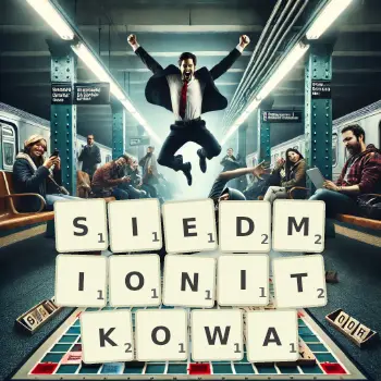 Kreatywna ilustracja do gry w Scrabble ze słowem SIEDMIONITKOWA ułożonym z płytek na planszy.