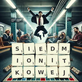 Kreatywna ilustracja do gry w Scrabble ze słowem SIEDMIONITKOWEJ ułożonym z płytek na planszy.