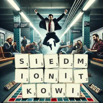 Kreatywna ilustracja do gry w Scrabble ze słowem SIEDMIONITKOWI ułożonym z płytek na planszy.