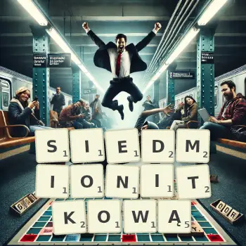 Kreatywna ilustracja do gry w Scrabble ze słowem SIEDMIONITKOWĄ ułożonym z płytek na planszy.