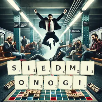 Kreatywna ilustracja do gry w Scrabble ze słowem SIEDMIONOGI ułożonym z płytek na planszy.