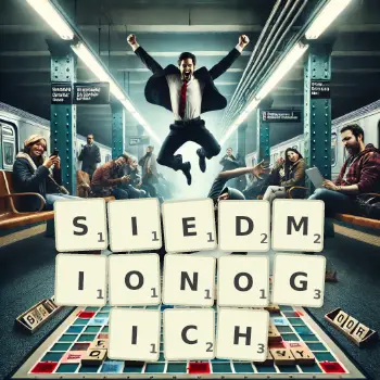 Kreatywna ilustracja do gry w Scrabble ze słowem SIEDMIONOGICH ułożonym z płytek na planszy.