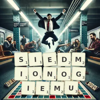 Kreatywna ilustracja do gry w Scrabble ze słowem SIEDMIONOGIEMU ułożonym z płytek na planszy.