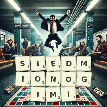 Kreatywna ilustracja do gry w Scrabble ze słowem SIEDMIONOGIMI ułożonym z płytek na planszy.