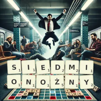 Kreatywna ilustracja do gry w Scrabble ze słowem SIEDMIONOŻNY ułożonym z płytek na planszy.