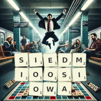 Kreatywna ilustracja do gry w Scrabble ze słowem SIEDMIOOSIOWA ułożonym z płytek na planszy.