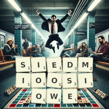 Kreatywna ilustracja do gry w Scrabble ze słowem SIEDMIOOSIOWE ułożonym z płytek na planszy.