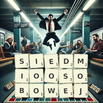 Kreatywna ilustracja do gry w Scrabble ze słowem SIEDMIOOSOBOWEJ ułożonym z płytek na planszy.