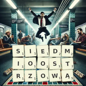 Kreatywna ilustracja do gry w Scrabble ze słowem SIEDMIOOSTRZOWĄ ułożonym z płytek na planszy.