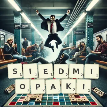 Kreatywna ilustracja do gry w Scrabble ze słowem SIEDMIOPAKI ułożonym z płytek na planszy.