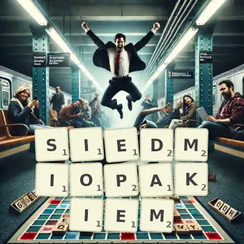 Kreatywna ilustracja do gry w Scrabble ze słowem SIEDMIOPAKIEM ułożonym z płytek na planszy.