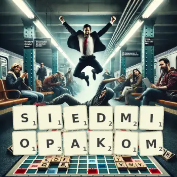 Kreatywna ilustracja do gry w Scrabble ze słowem SIEDMIOPAKOM ułożonym z płytek na planszy.