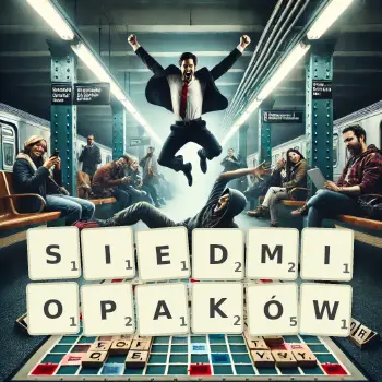 Kreatywna ilustracja do gry w Scrabble ze słowem SIEDMIOPAKÓW ułożonym z płytek na planszy.