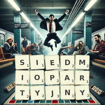 Kreatywna ilustracja do gry w Scrabble ze słowem SIEDMIOPARTYJNY ułożonym z płytek na planszy.