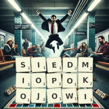 Kreatywna ilustracja do gry w Scrabble ze słowem SIEDMIOPOKOJOWI ułożonym z płytek na planszy.