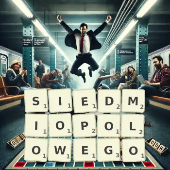 Kreatywna ilustracja do gry w Scrabble ze słowem SIEDMIOPOLOWEGO ułożonym z płytek na planszy.