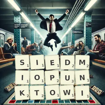 Kreatywna ilustracja do gry w Scrabble ze słowem SIEDMIOPUNKTOWI ułożonym z płytek na planszy.