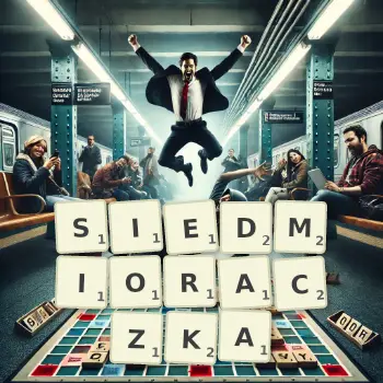 Kreatywna ilustracja do gry w Scrabble ze słowem SIEDMIORACZKA ułożonym z płytek na planszy.